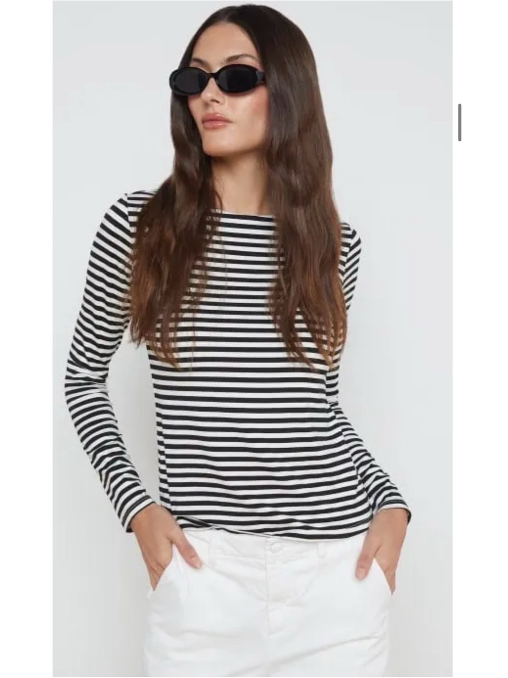 Striped Long-Sleeve Crewneck Top in Black/White